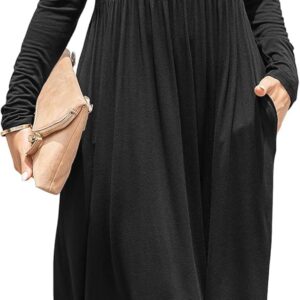 Women Casual Long Sleeve Dresses Empire Waist Knee Length Loose Dress with Pockets