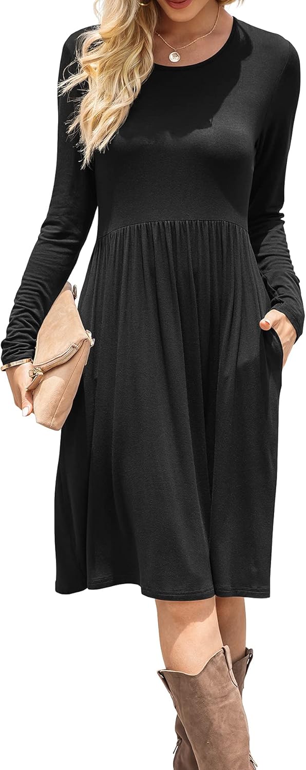 Women Casual Long Sleeve Dresses Empire Waist Knee Length Loose Dress with Pockets