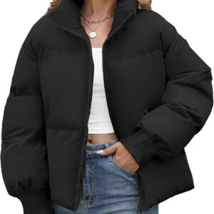 Women's Cropped Puffer Jacket Winter Warm Quilted Jackets Baggy Short Down Coats Long Sleeve Zip Coat