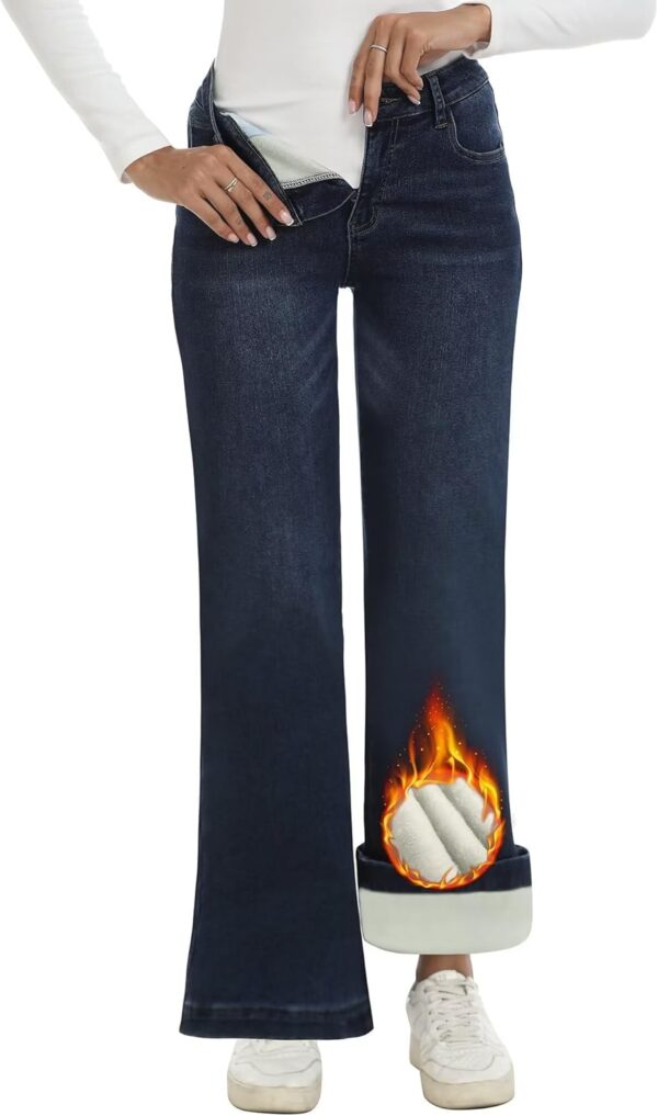 Fleece Lined Jeans Women High Waisted Stretchy Winter Jeans Warm Thermal Pants Thick Bell Bottom Wide Leg Jeans Woman