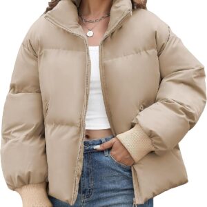 Women's Cropped Puffer Jacket Winter Warm Quilted Jackets Baggy Short Down Coats Long Sleeve Zip Coat