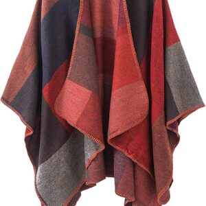 Women's Plaid Sweater Poncho Cape Coat Open Front Blanket Shawls and Wraps