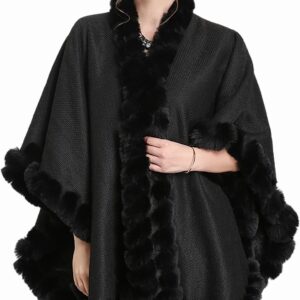 Women's Faux Rabbit Fur Cape Wrap Wool Coat Cardigan Poncho Warm