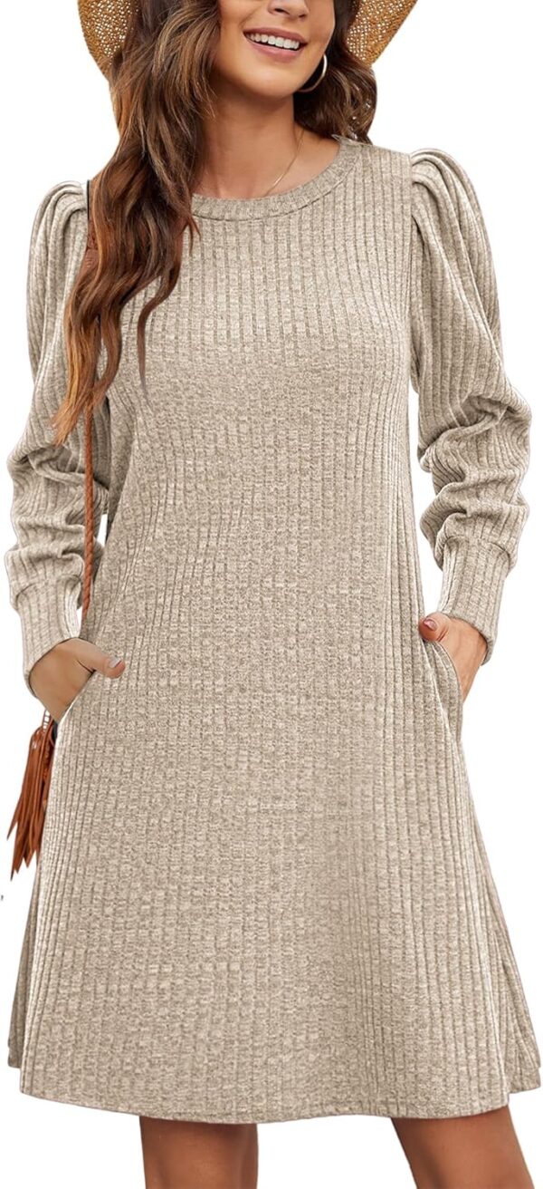 Women Knit Dress Puff Long Sleeve Dress for Fall Winter Round Neck Casual Tunic Dress