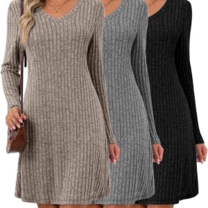 3 Pack Women's Long Sleeve Dresses, Knit V Neck Fall Winter Dresses Causal Loose Fit Sweater Tunic Dresses